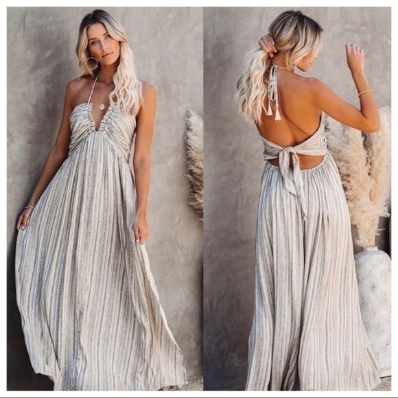 Rough Life-Gray Ivory Boho Halter Raw Edge Maxi Dress - Picture 4 of 13